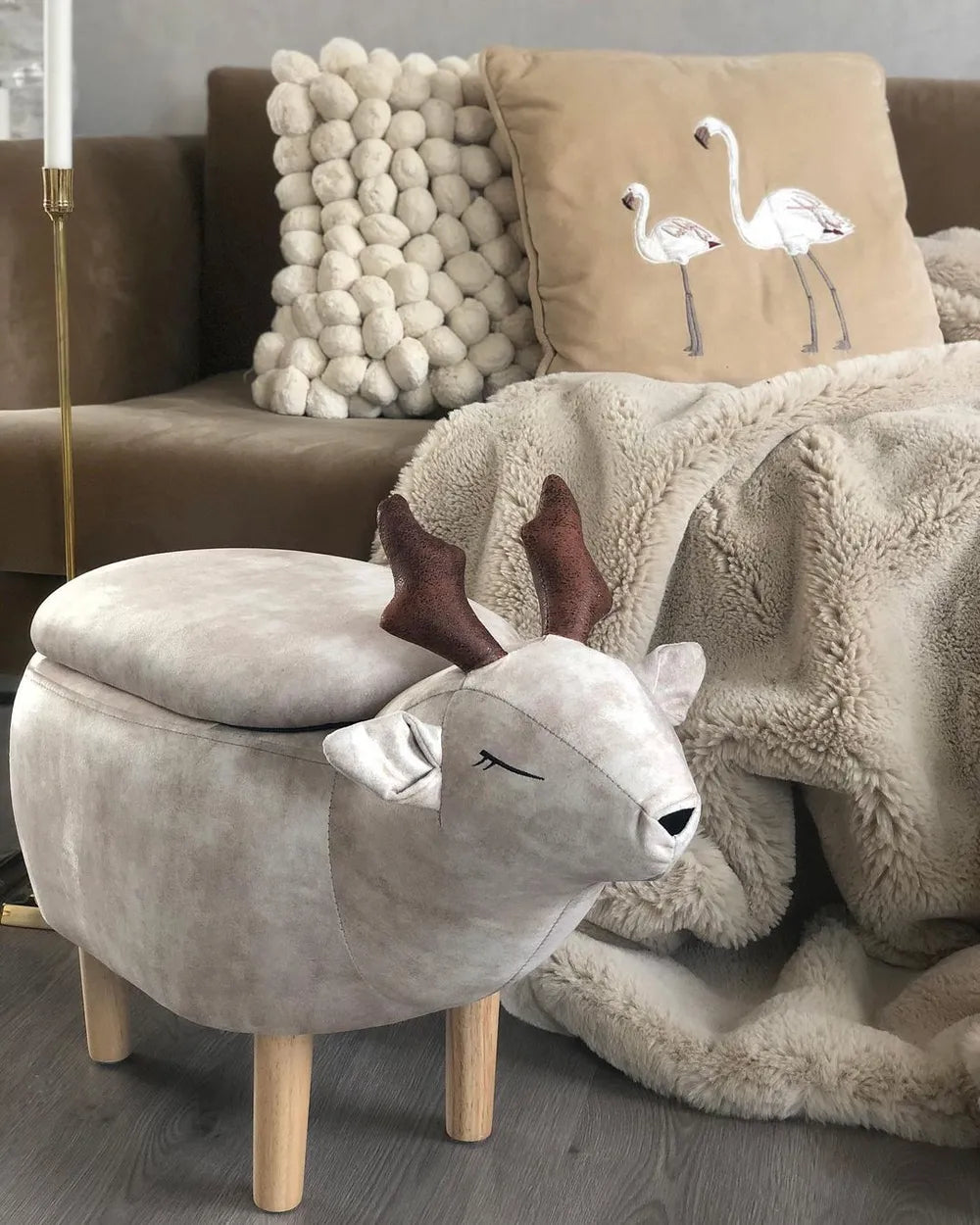 Storage Animal Stool REINDEER Fabric Beige – Kids Storage Pouffe with Hidden Compartment