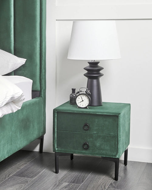 2 Drawer Upholstered Bedside Table SEZANNE in Green Velvet with Metal Legs