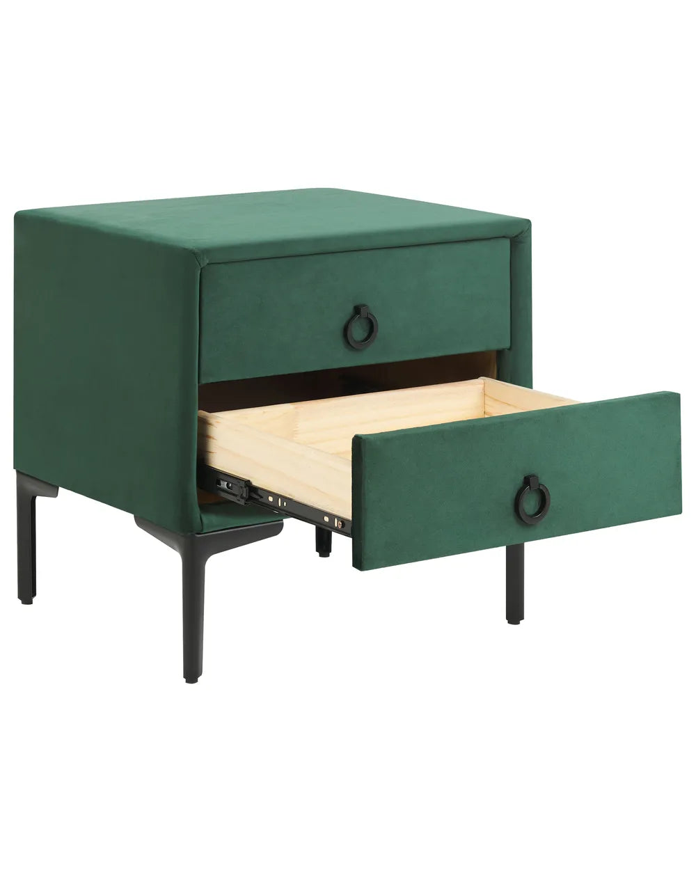 2 Drawer Upholstered Bedside Table SEZANNE in Green Velvet with Metal Legs