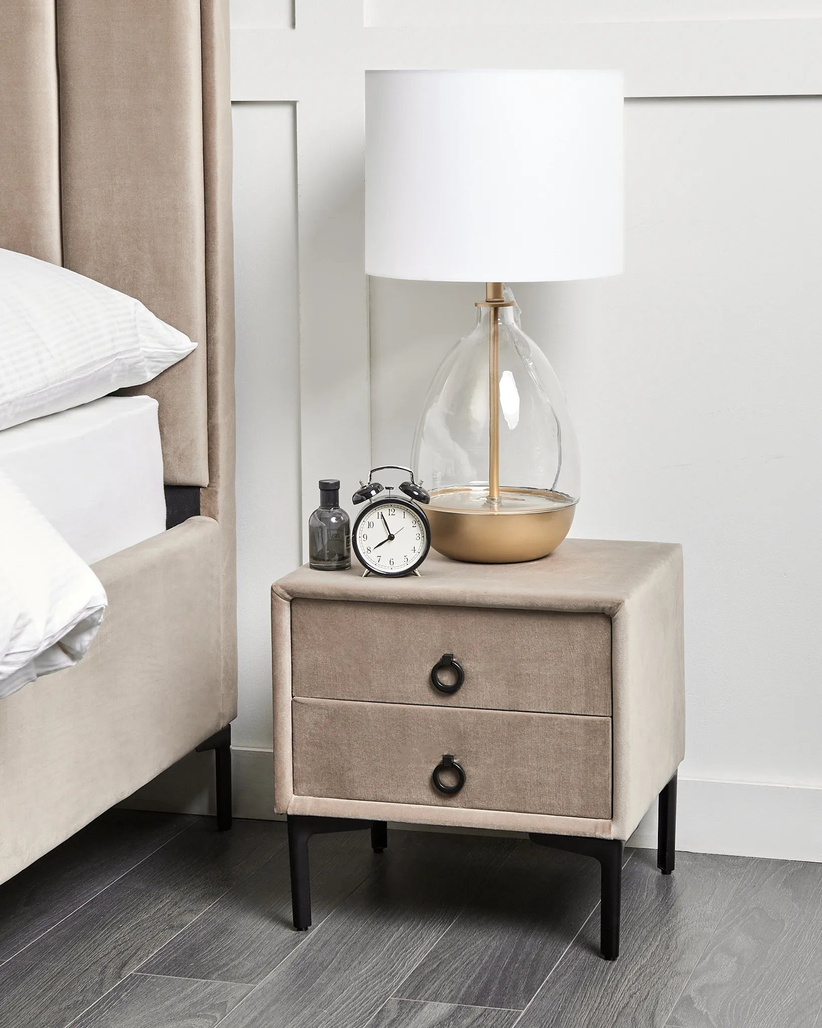 2 Drawer Upholstered Bedside Table SEZANNE in Taupe Velvet with Metal Legs