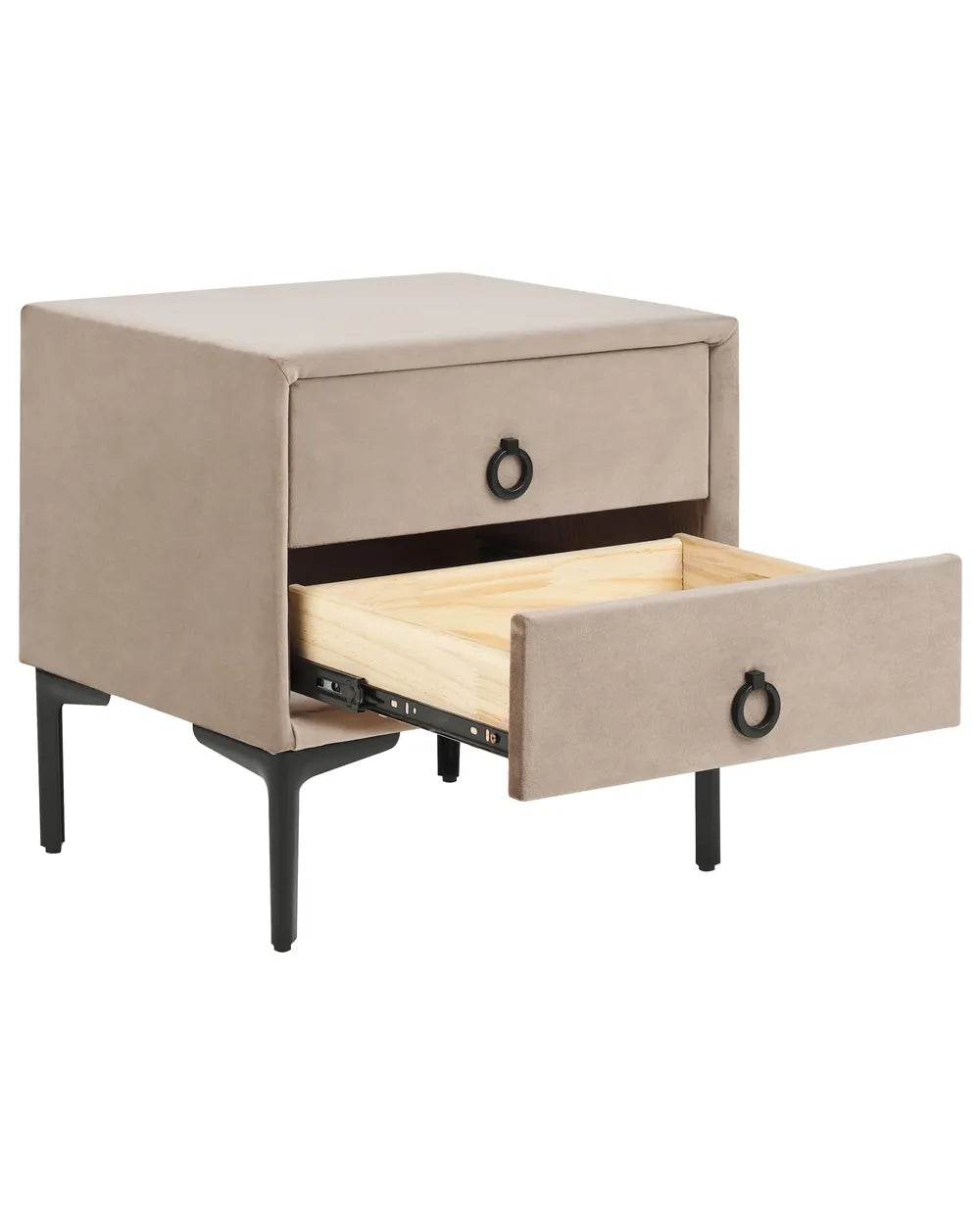2 Drawer Upholstered Bedside Table SEZANNE in Taupe Velvet with Metal Legs