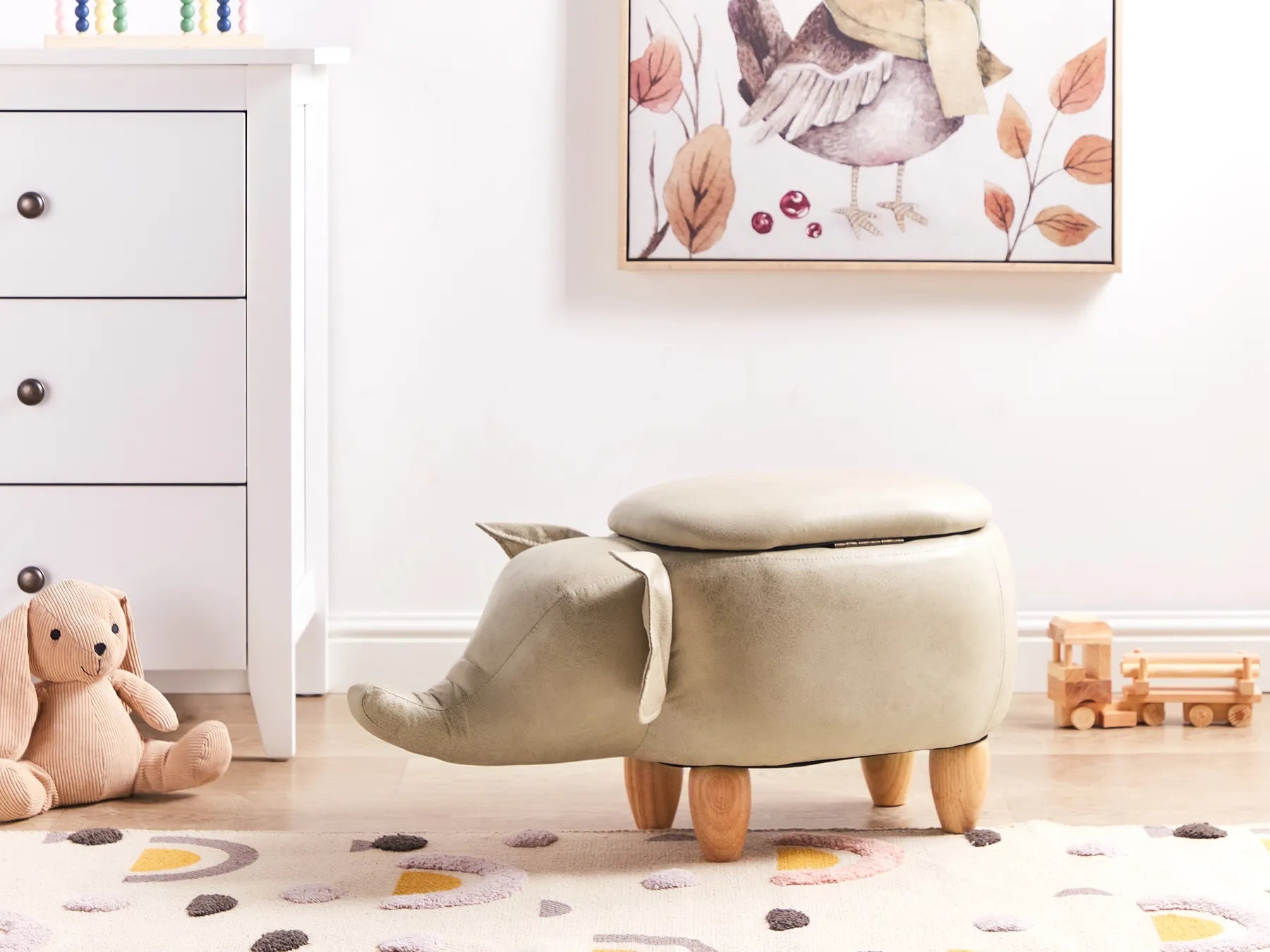 Storage Animal Stool ELEPHANT – Faux Leather Upholstered Kids Stool with Hidden Storage, Light Beige