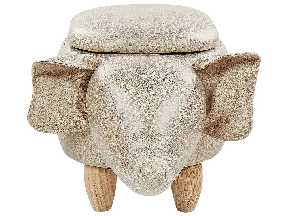 Storage Animal Stool ELEPHANT – Faux Leather Upholstered Kids Stool with Hidden Storage, Light Beige
