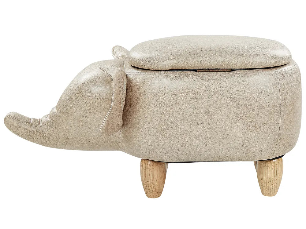 Storage Animal Stool ELEPHANT – Faux Leather Upholstered Kids Stool with Hidden Storage, Light Beige