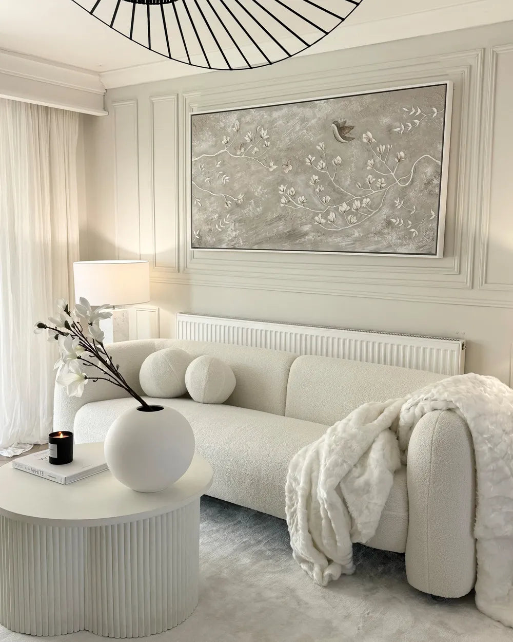 Sofa 3 Seater LEIREN Bouclé White – Modern Curved Fabric Sofa with Cushions