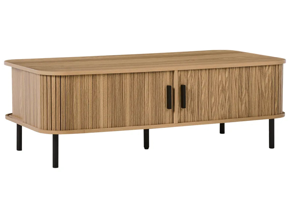 BRADLEY Brown Coffee Table with Sliding Doors, MDF Wood, Rectangular Storage Table 120×60×41 cm