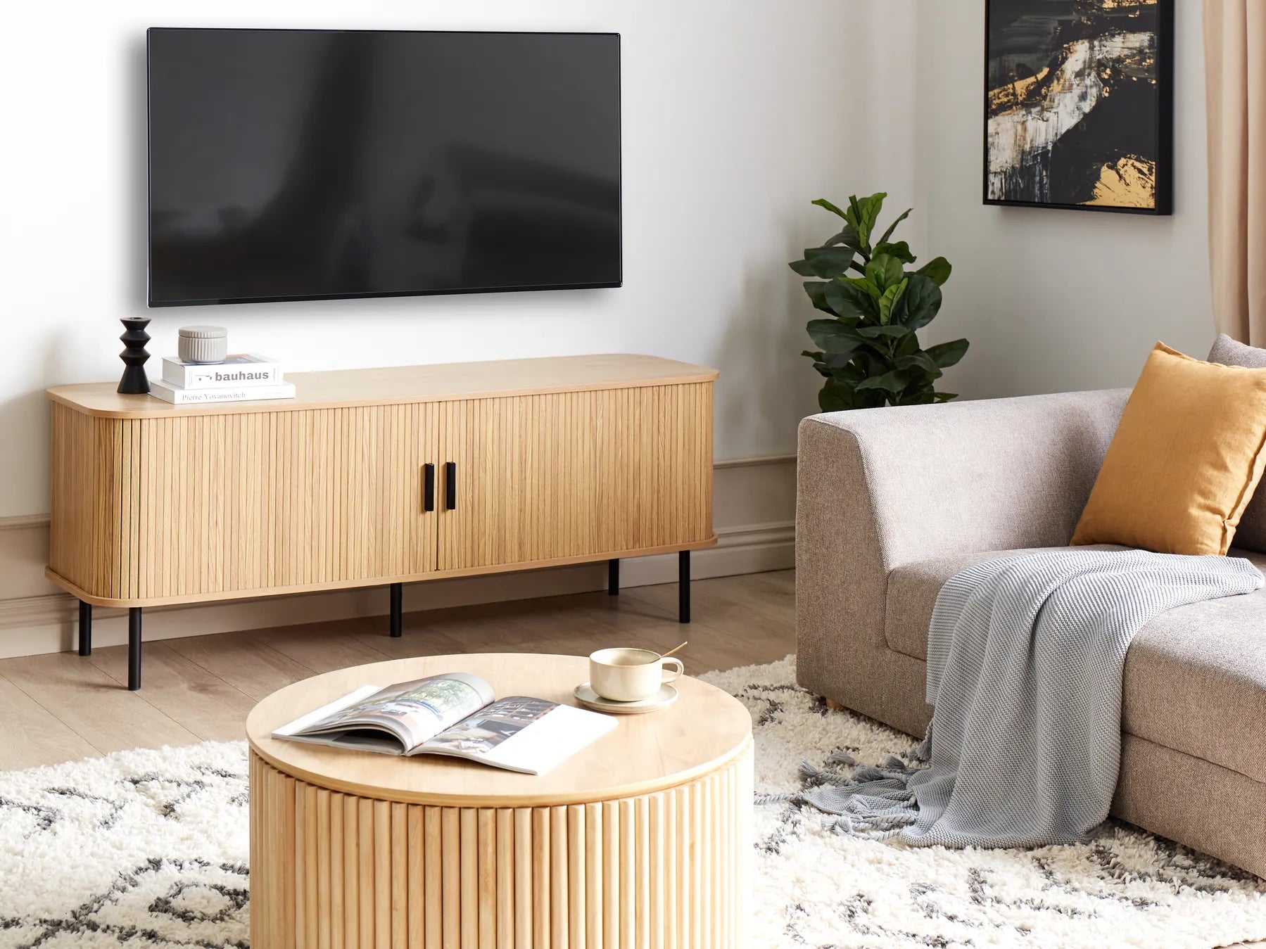 BRADLEY Retro TV Stand Brown – Sliding Door Media Cabinet for TVs up to 54", 150 cm