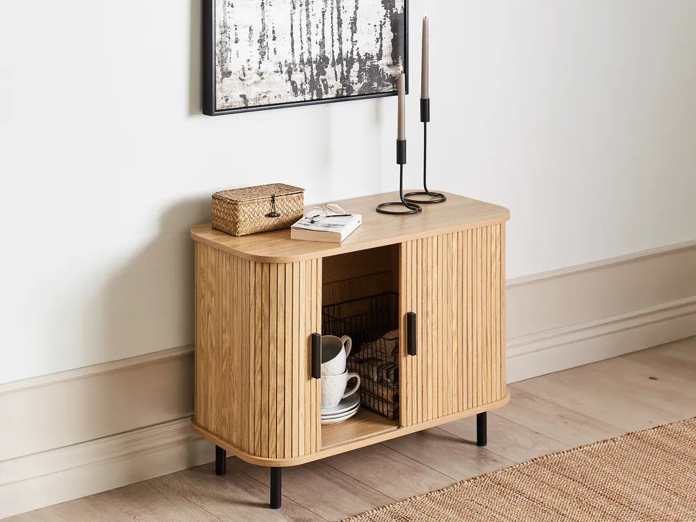 Retro Sliding Door Cabinet BRADLEY – Brown Wooden Sideboard with Storage