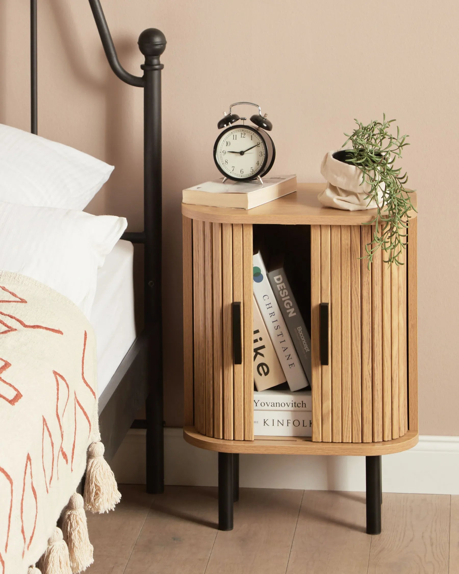 Bedside Table BRADLEY Brown with Sliding Doors, Retro Nightstand with Storage, MDF & Pine Wood, 40 x 30 x 55 cm