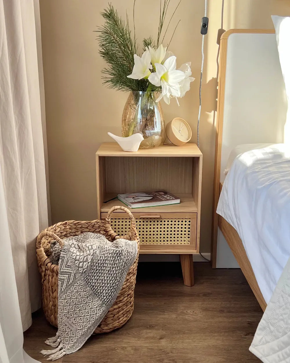 Rustic bedside table with rattan front and shelf