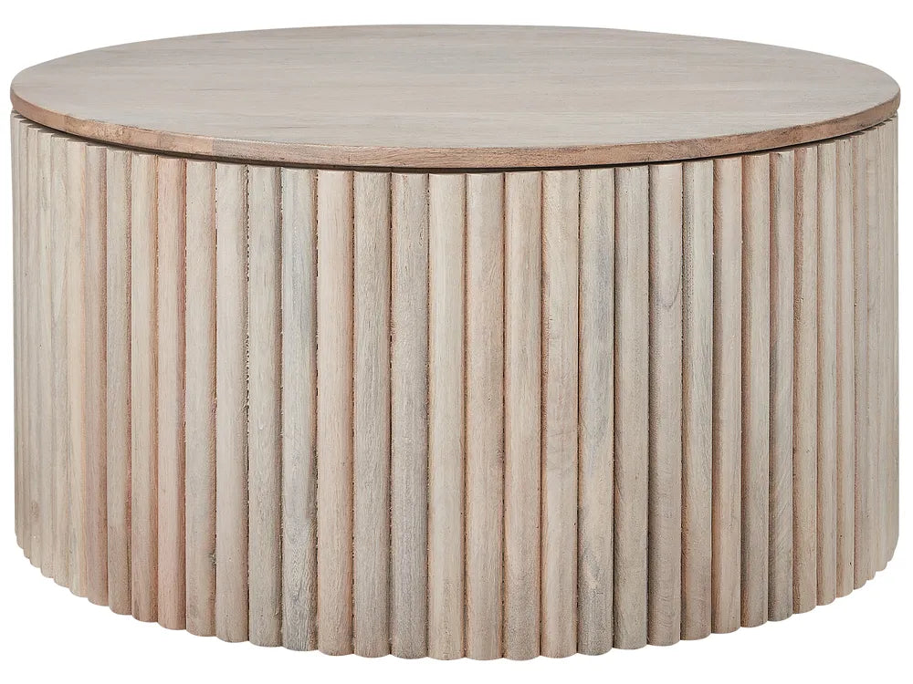 Large Round Coffee Table with Storage, Solid Mango Wood, Brown Finish Oscherleben
