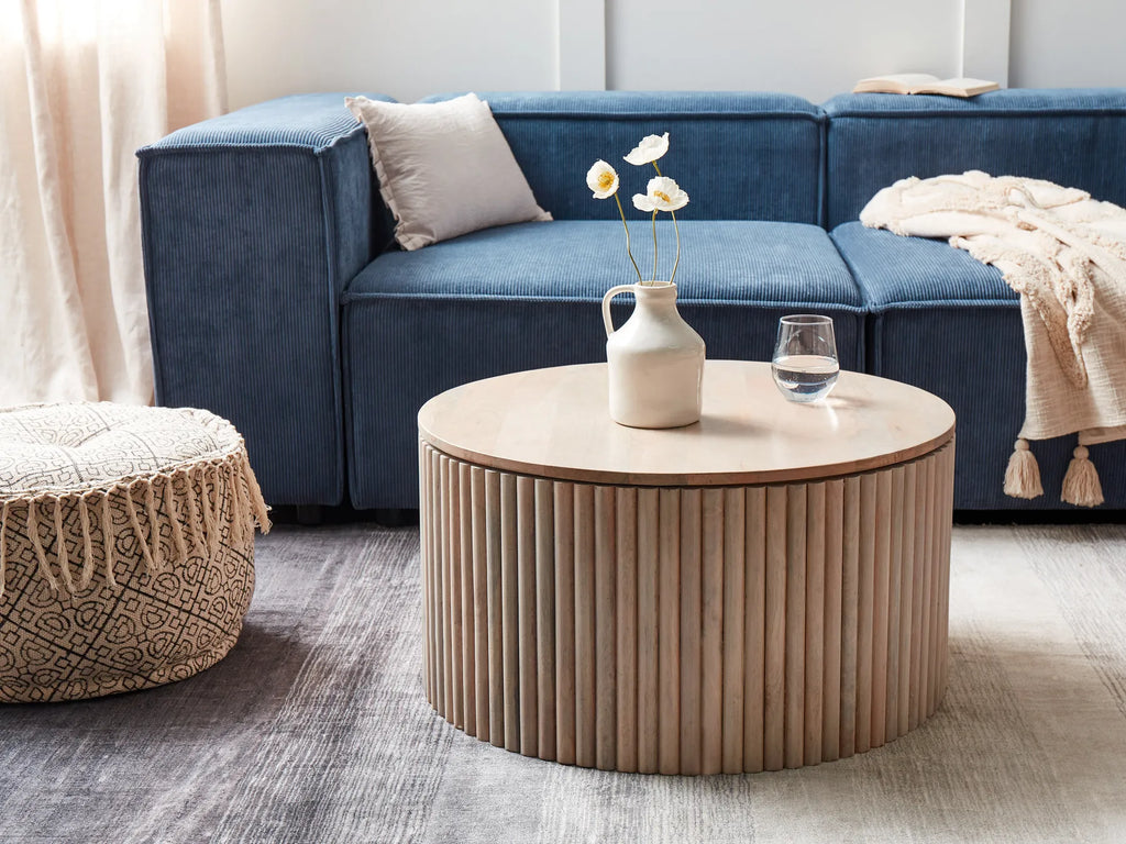Large Round Coffee Table with Storage, Solid Mango Wood, Brown Finish Oscherleben