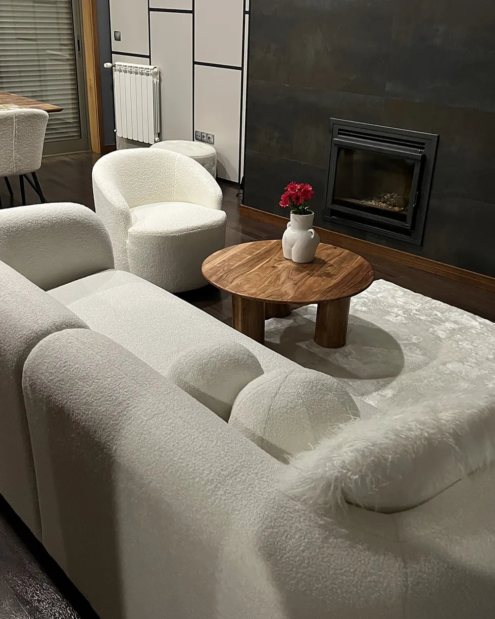 Sofa 3 Seater LEIREN Bouclé White – Modern Curved Fabric Sofa with Cushions