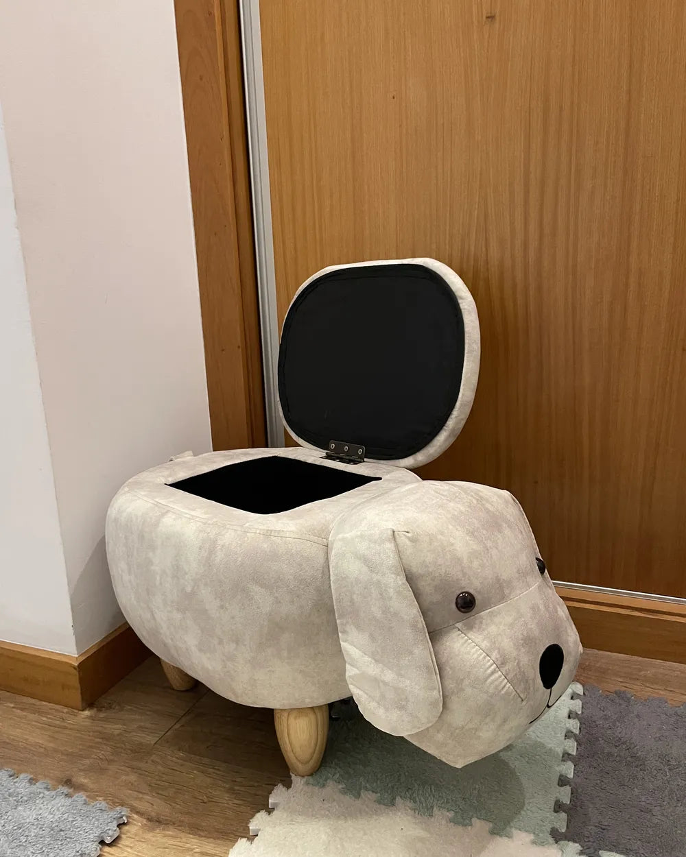 Storage Animal Stool DOGGY in Velvet Beige – Kids Upholstered Footstool with Hidden Storage, Solid Wood Legs, 120 kg Load Capacity