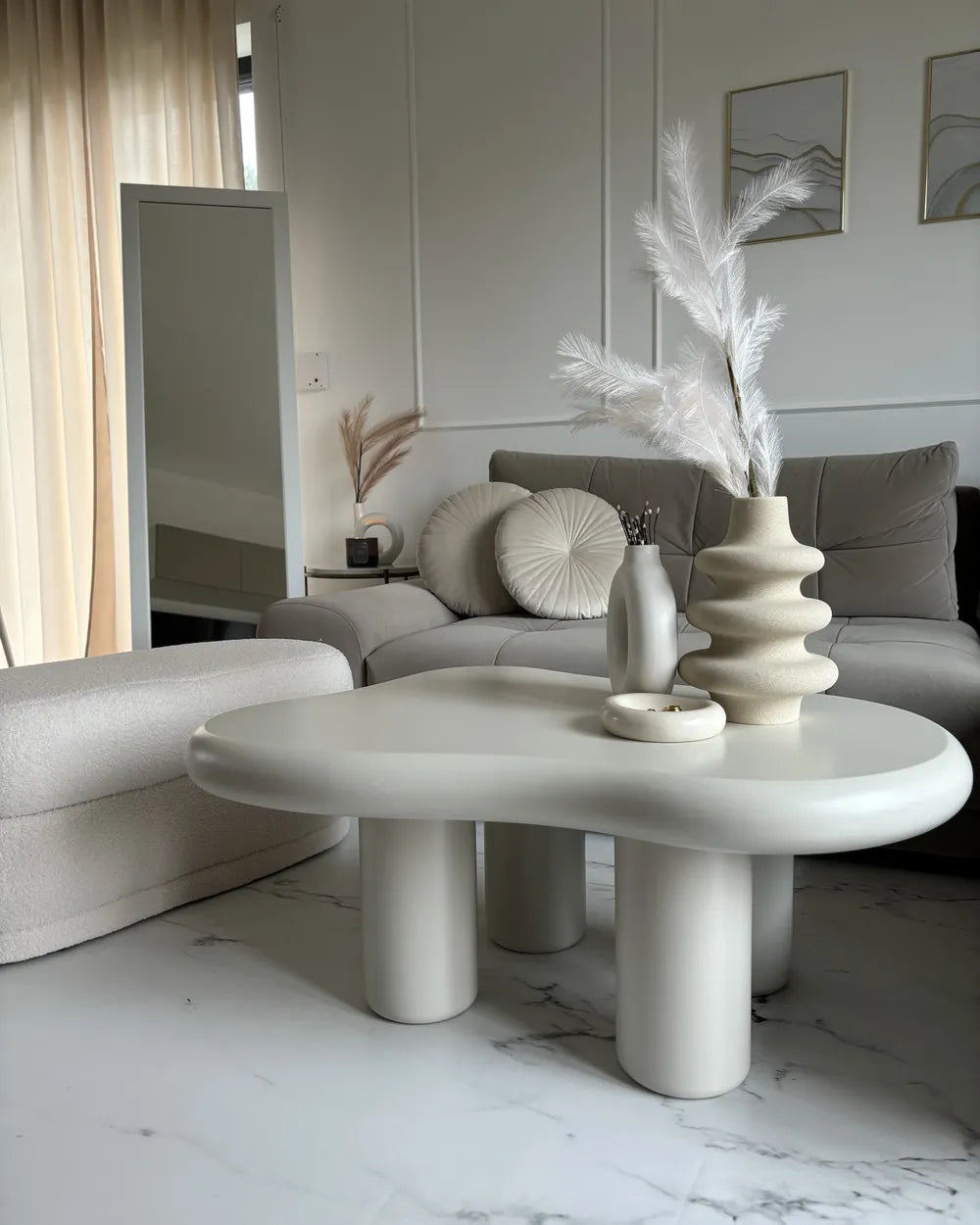 ONDLE Coffee Table, Irregular MDF Coffee Table with PVC Finish, Off-White, 100×70×40 cm