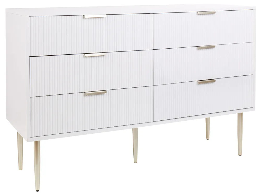 Modern 6 Drawer Chest with Fluted Fronts and Metal Legs, SOHO White