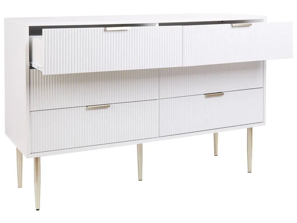 Modern 6 Drawer Chest with Fluted Fronts and Metal Legs, SOHO White