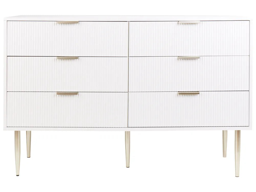 Modern 6 Drawer Chest with Fluted Fronts and Metal Legs, SOHO White