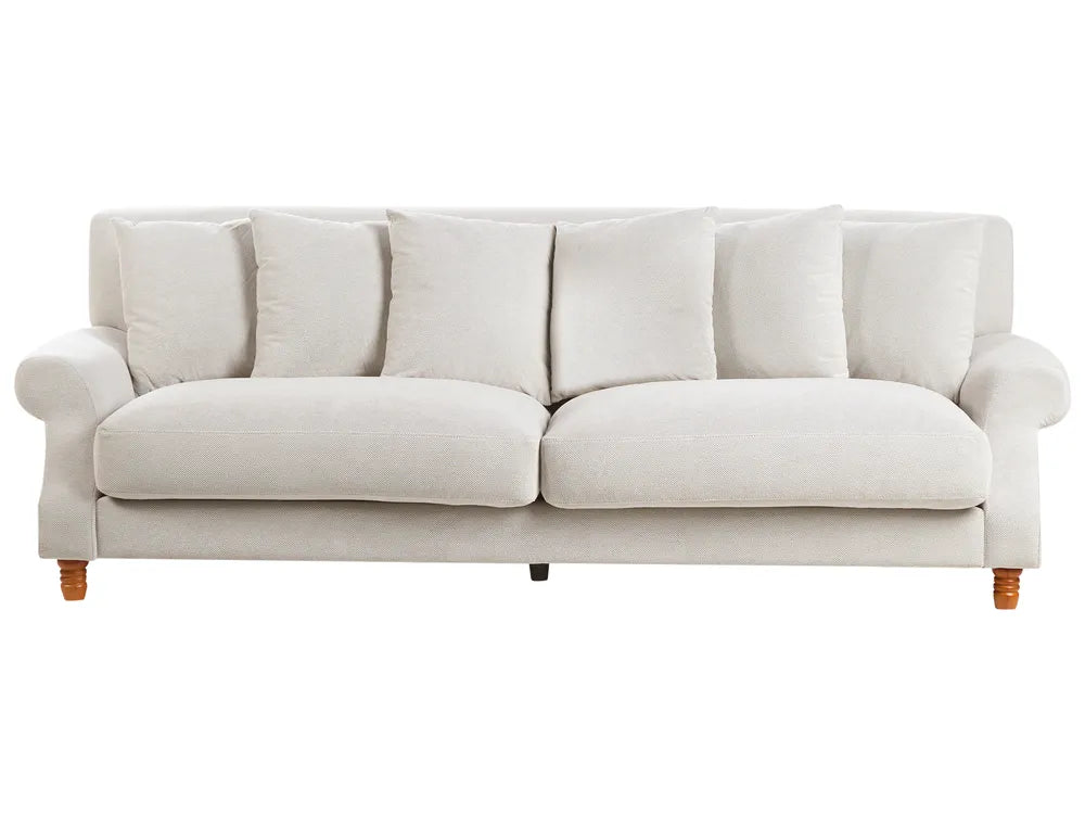 Sofa 3 Seater EIKE Fabric Off-White – Vintage Fabric Sofa with Rolled Arms, Water-Repellent Upholstery and Wooden Legs