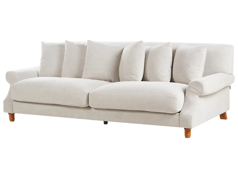 Sofa 3 Seater EIKE Fabric Off-White – Vintage Fabric Sofa with Rolled Arms, Water-Repellent Upholstery and Wooden Legs