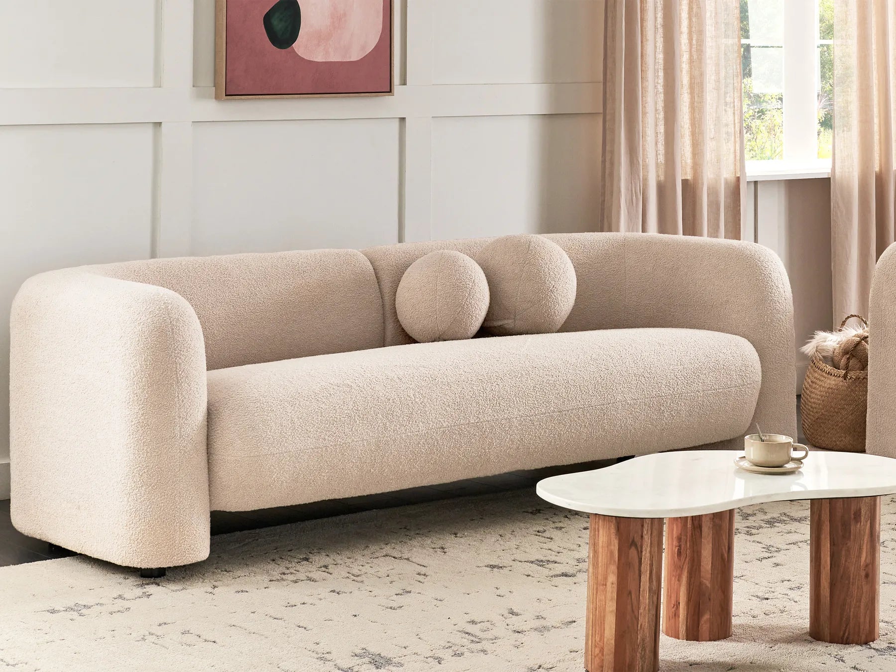Sofa 3 Seater LEIREN Bouclé Beige – Modern Curved Fabric Sofa with Cushions
