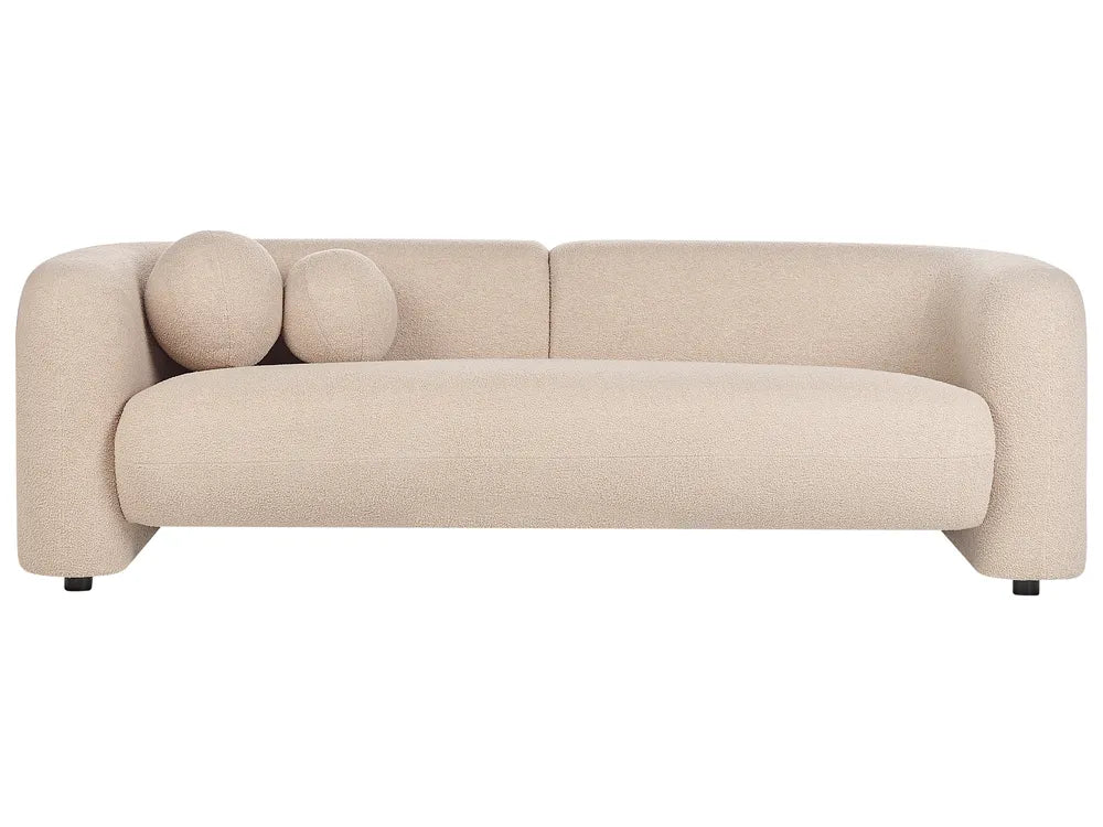 Sofa 3 Seater LEIREN Bouclé Beige – Modern Curved Fabric Sofa with Cushions