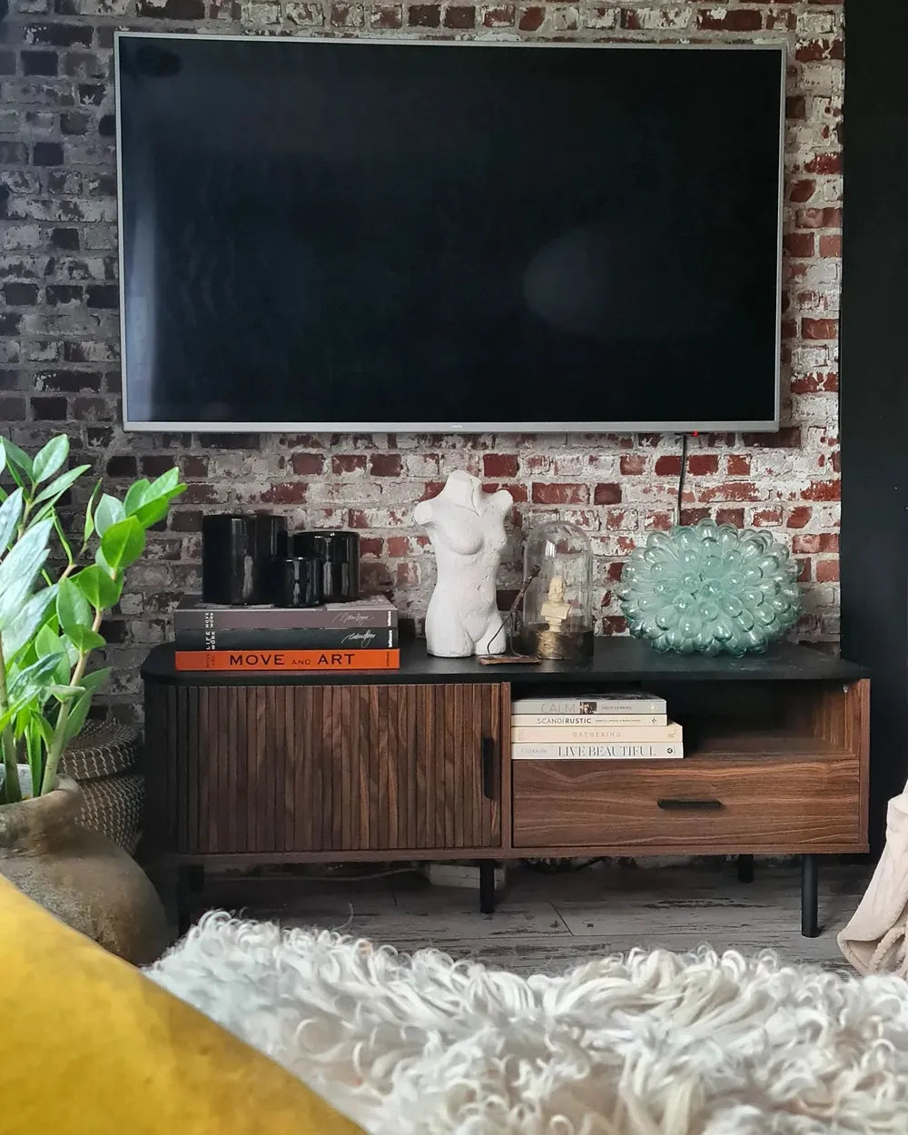 TV Stand JOSE Dark Brown – Retro Sliding Door TV Cabinet for TVs up to 54", with Drawer, Cable Management & Storage