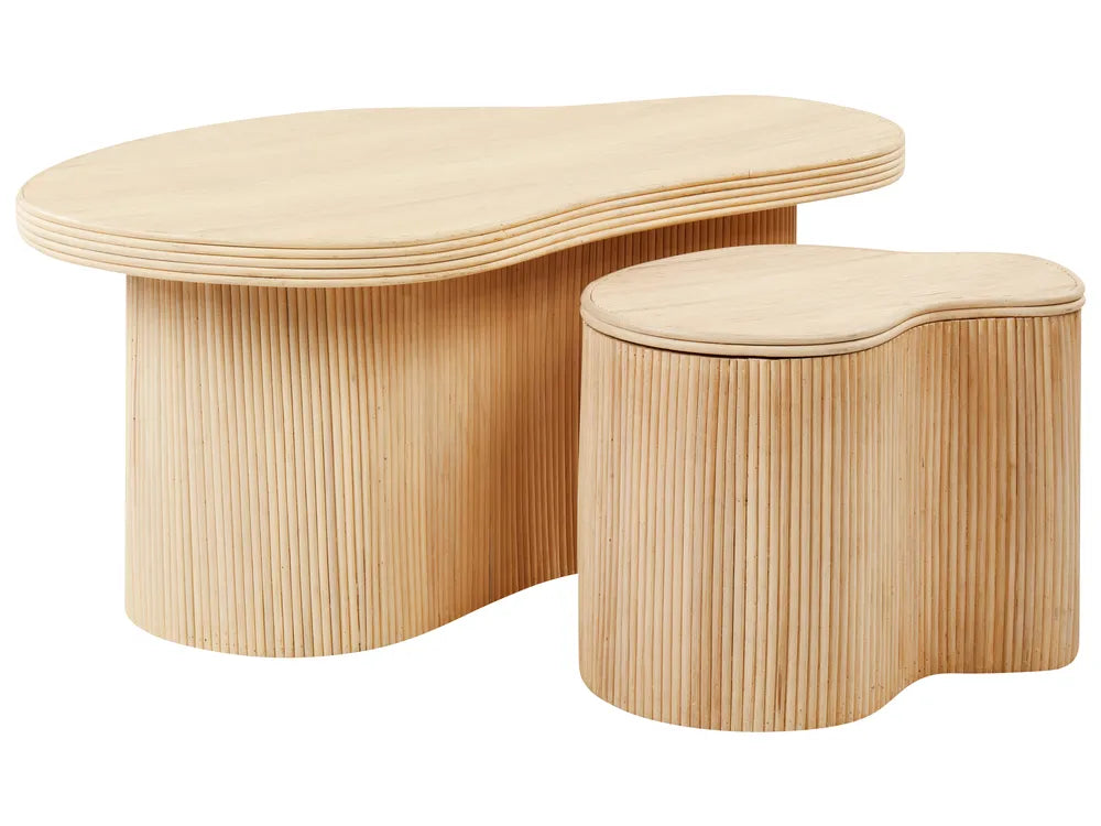 SALANTI Set of 2 Coffee Tables, Natural Rattan Storage Nesting Tables, Irregular Shape, 100×72×45 cm & 50×37×38 cm