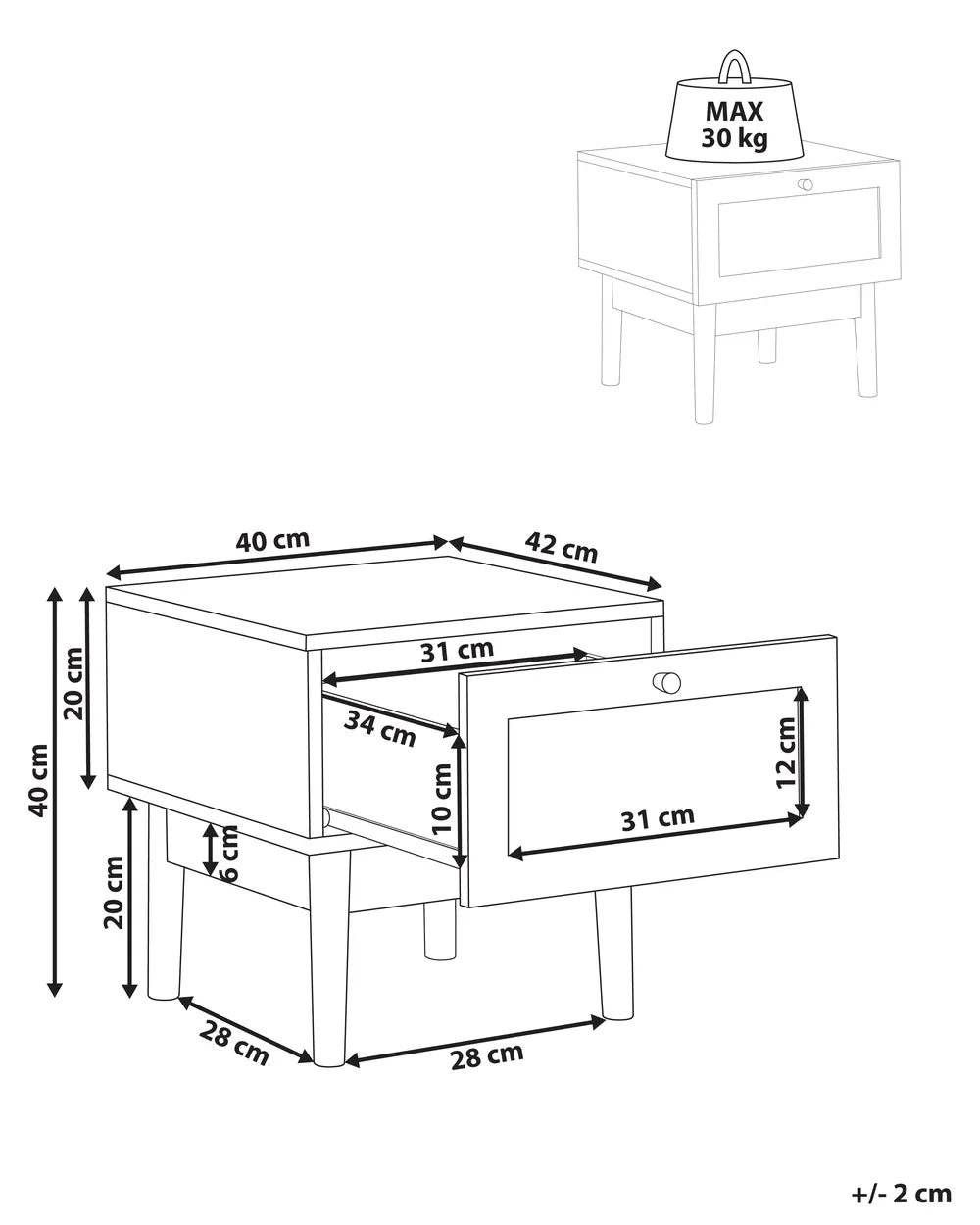 1 Drawer Bedside Table NIVO – Light Brown with Rattan Front
