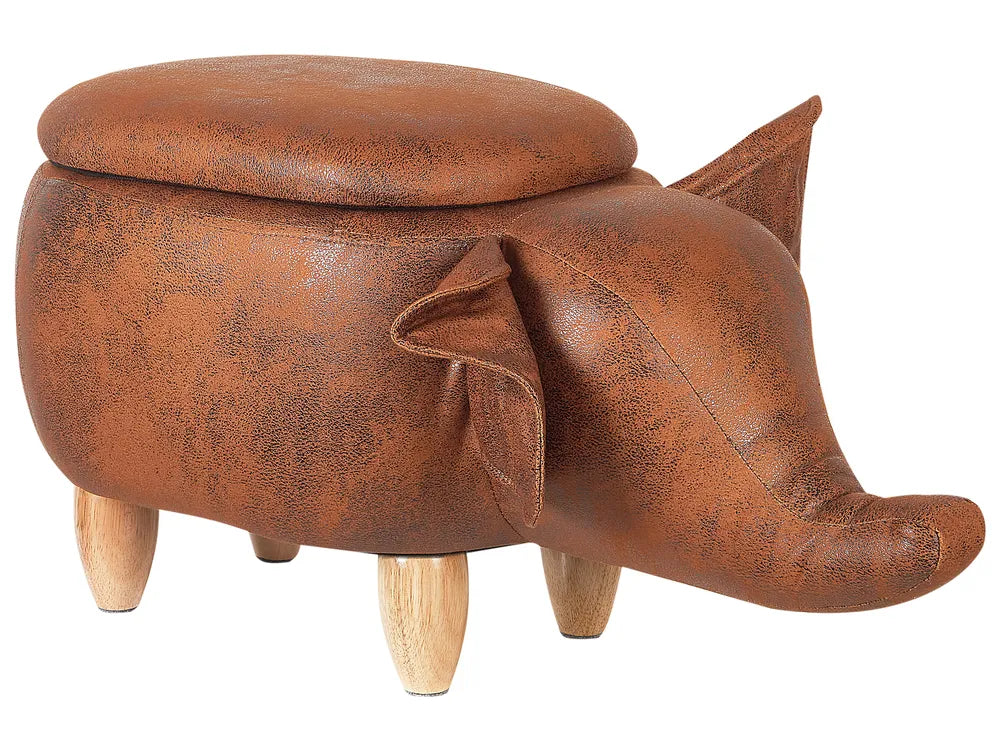 Storage Animal Stool ELEPHANT – Faux Leather Upholstered Kids Stool with Hidden Storage, Brown