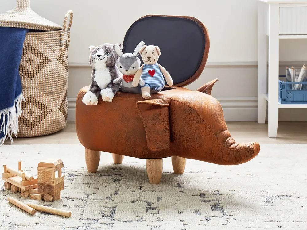 Storage Animal Stool ELEPHANT – Faux Leather Upholstered Kids Stool with Hidden Storage, Brown