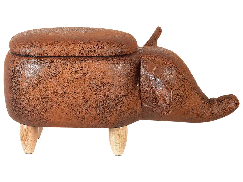 Storage Animal Stool ELEPHANT – Faux Leather Upholstered Kids Stool with Hidden Storage, Brown