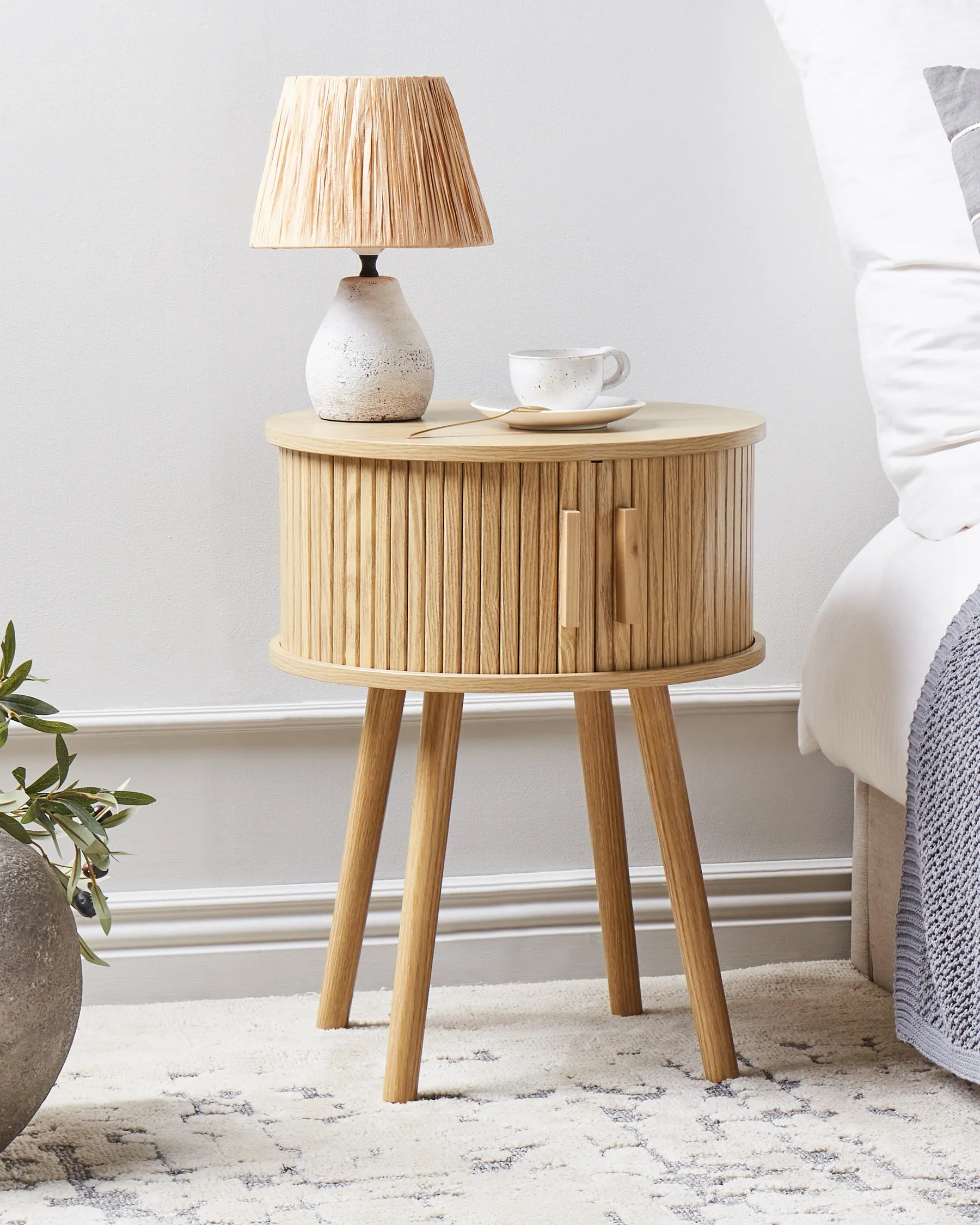 SELAH Brown Bedside Table – Round Nightstand with Sliding Doors