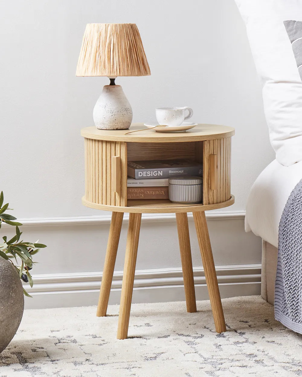SELAH Brown Bedside Table – Round Nightstand with Sliding Doors
