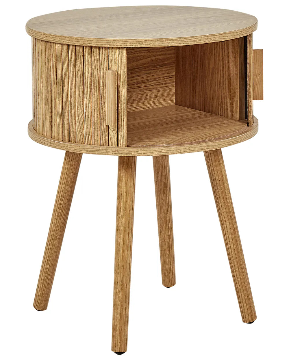 SELAH Brown Bedside Table – Round Nightstand with Sliding Doors