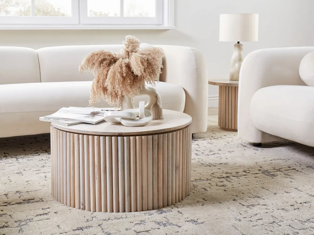 Large Round Coffee Table with Storage, Solid Mango Wood, Brown Finish Oscherleben