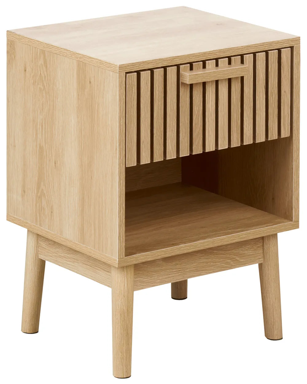 1 Drawer Bedside Table LYNWOOD Light Brown – Ribbed Drawer Nightstand with Open Shelf, MDF & Solid Wood Legs