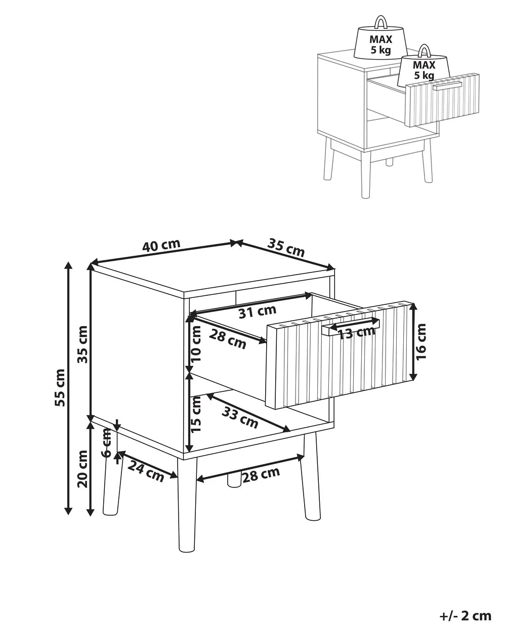 1 Drawer Bedside Table LYNWOOD Light Brown – Ribbed Drawer Nightstand with Open Shelf, MDF & Solid Wood Legs