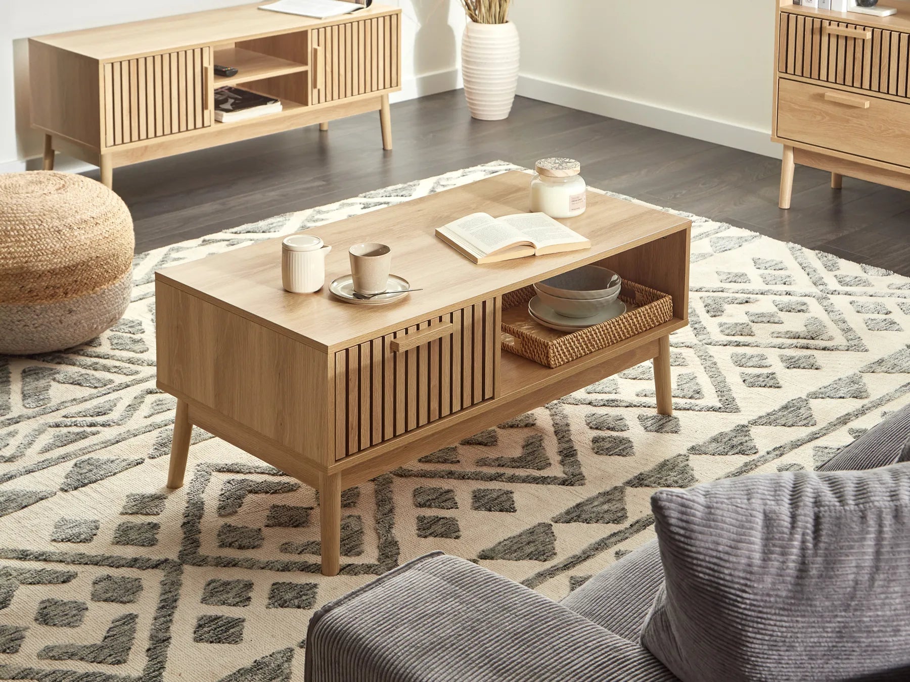 LYNWOOD Coffee Table with Storage, Rectangular MDF Coffee Table with Drawer and Shelf, Light Brown, 100×50×43 cm