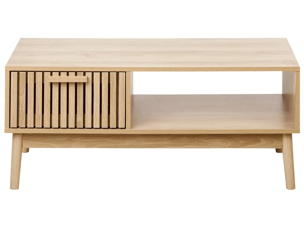 LYNWOOD Coffee Table with Storage, Rectangular MDF Coffee Table with Drawer and Shelf, Light Brown, 100×50×43 cm