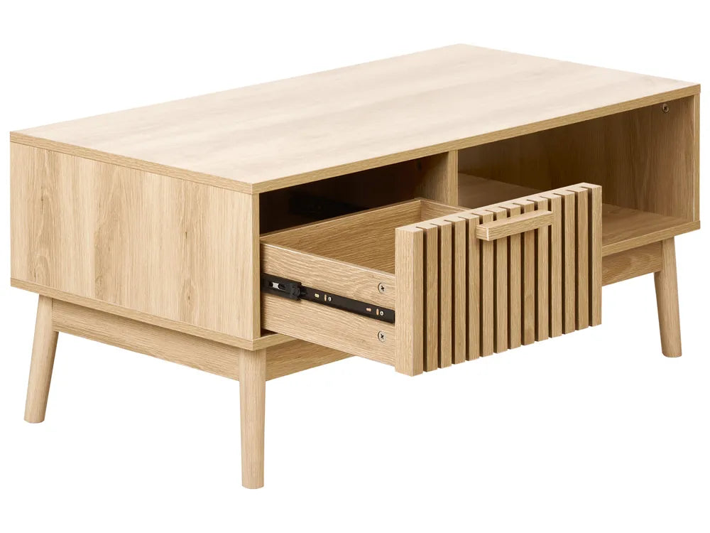LYNWOOD Coffee Table with Storage, Rectangular MDF Coffee Table with Drawer and Shelf, Light Brown, 100×50×43 cm