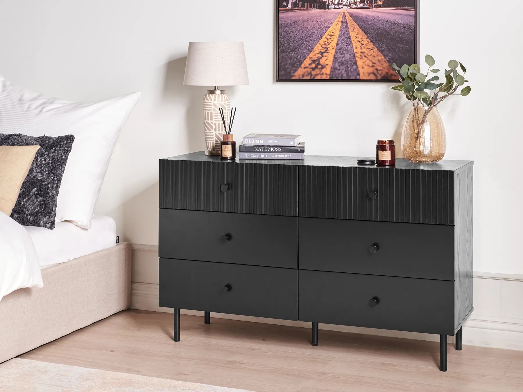 6-Drawer Chest COVENTRY – Modern Storage Unit in Black with Fluted Fronts