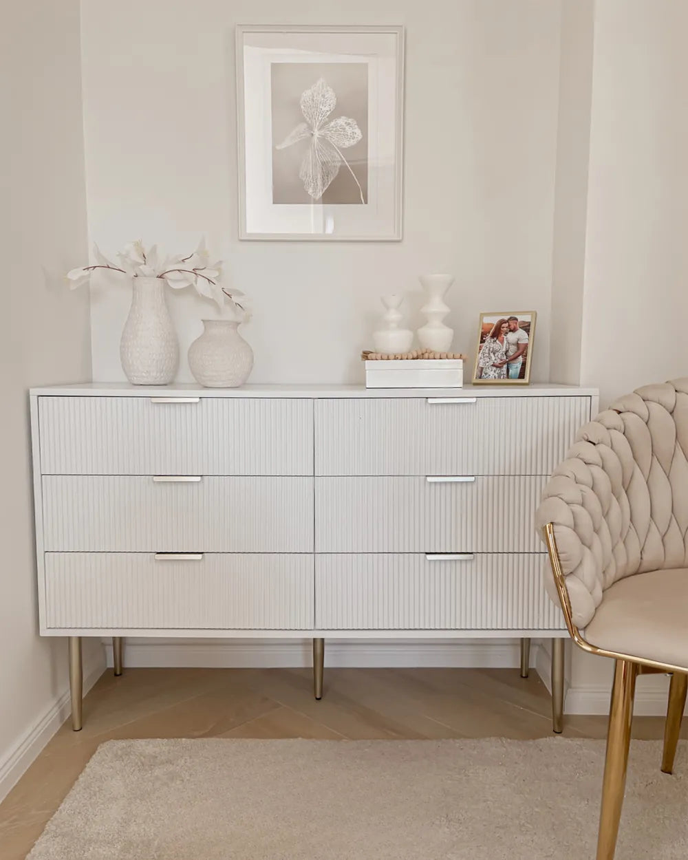 Modern 6 Drawer Chest with Fluted Fronts and Metal Legs, SOHO White