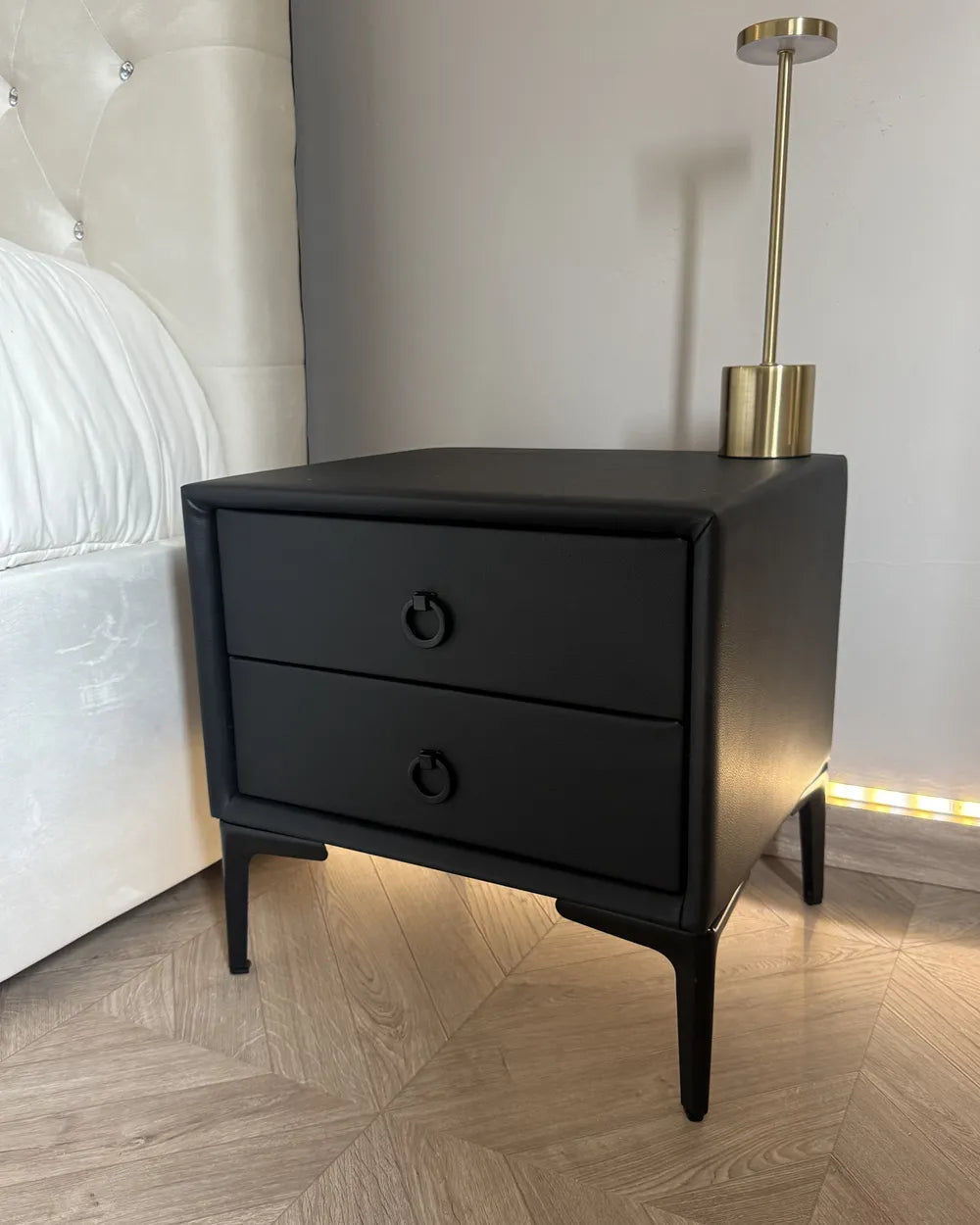 2 Drawer Bedside Table SEZANNE – Black Faux Leather Upholstered Nightstand with Metal Legs