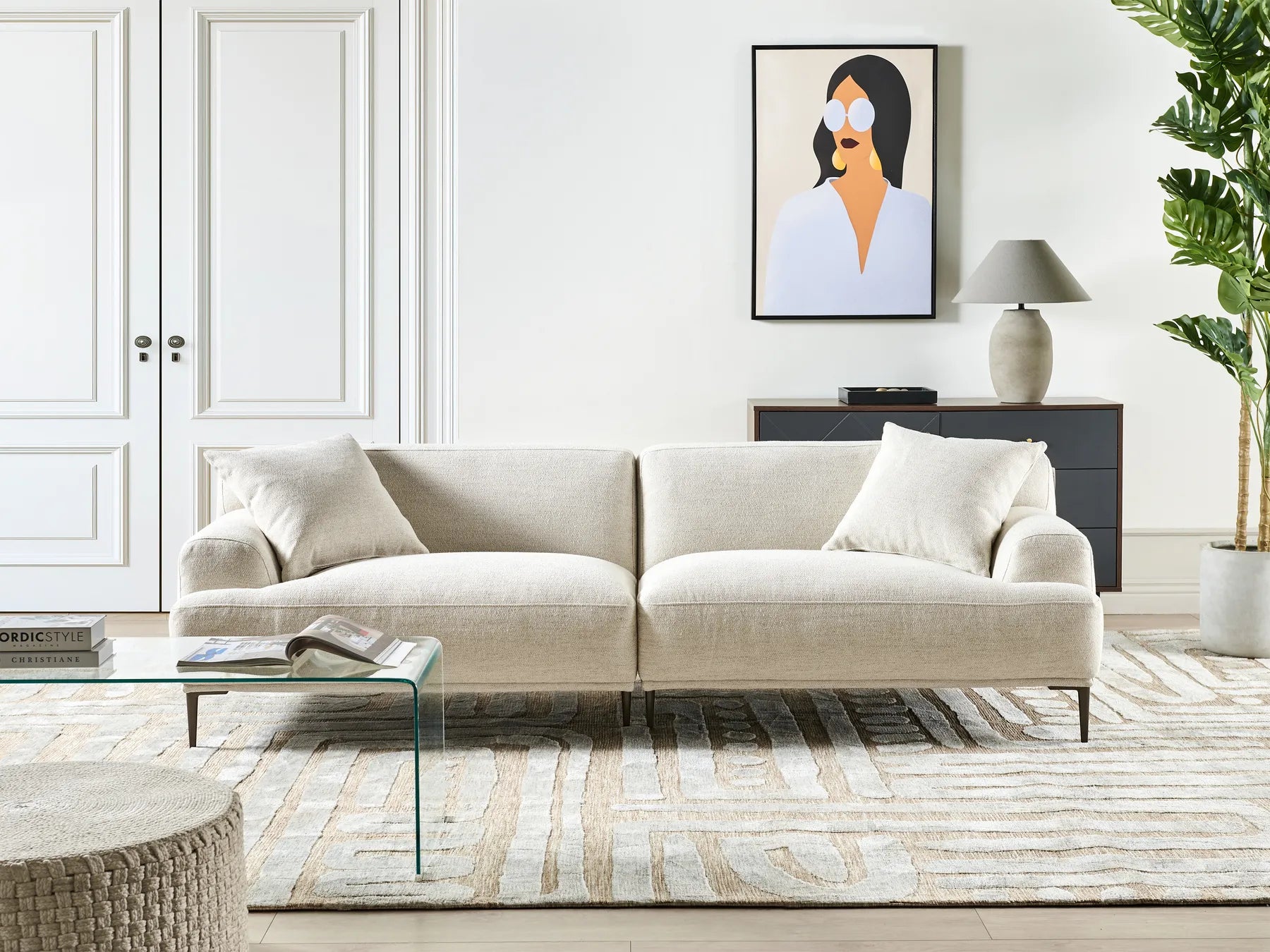 Sofa 3 Seater MATILA Fabric Light Beige – Thickly Padded Couch with Cushions, Modern 3-Seat Fabric Sofa, 233 cm