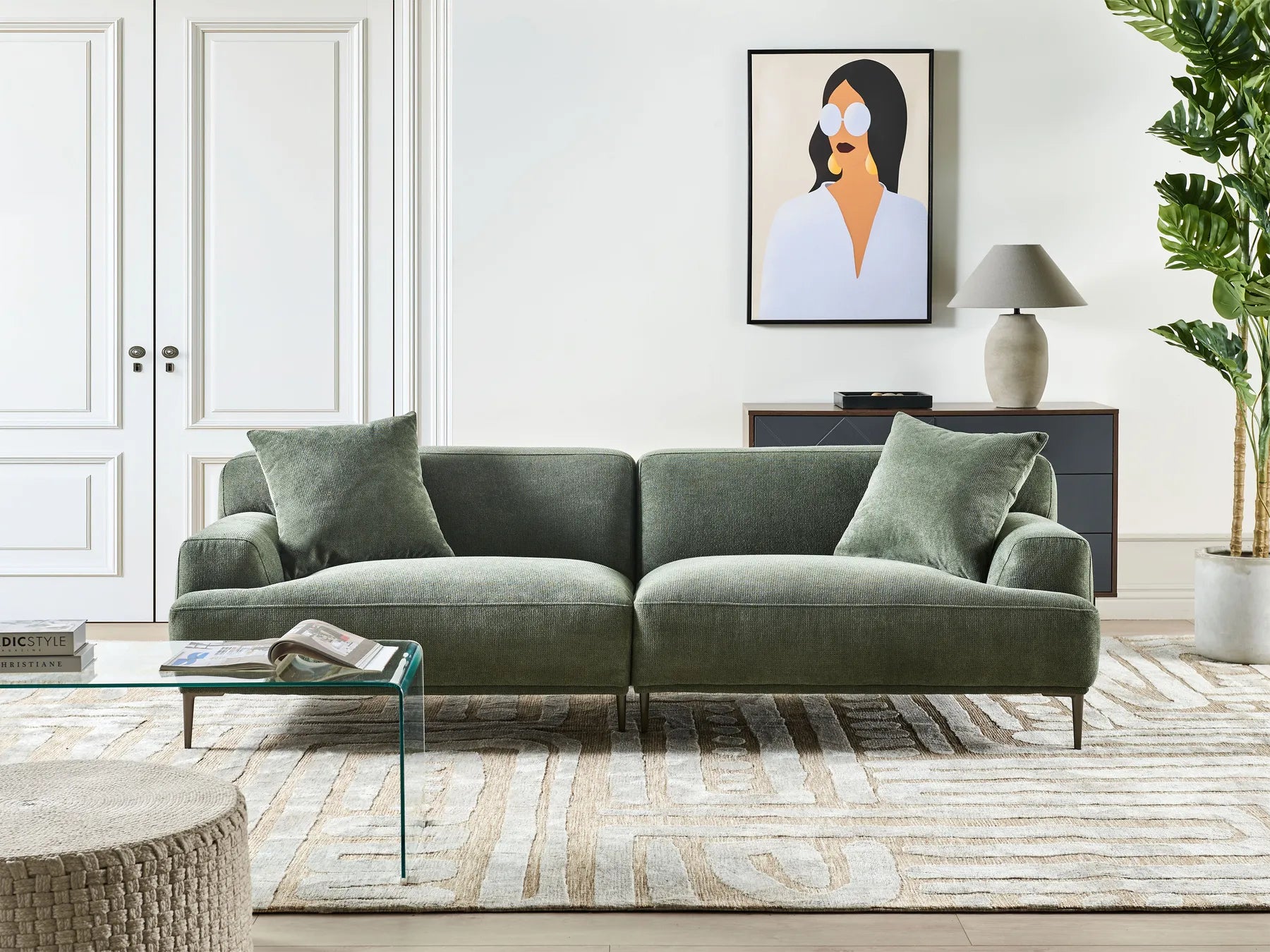 Sofa 3 Seater MATILA Fabric Fabric Green – Thickly Padded Couch with Cushions, Modern 3-Seat Fabric Sofa, 233 cm