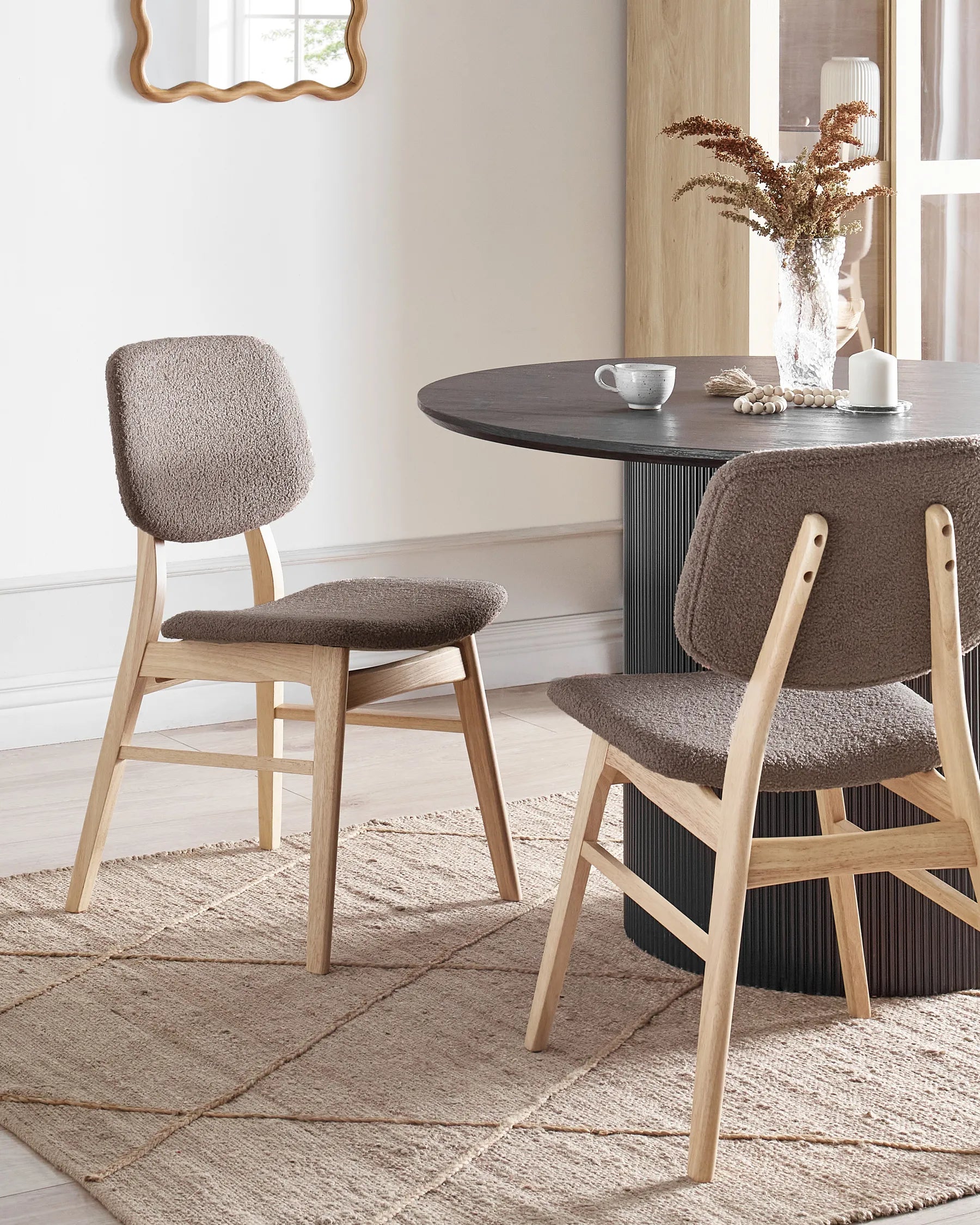 Set of 2 Dining Chairs ELAINE Bouclé Fabric Taupe – Light Wood Frame