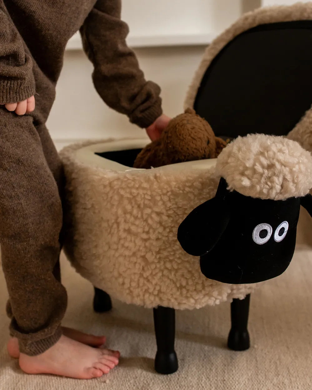 Storage Animal Stool SHEEP – Cute Kids Storage Footstool with Hidden Compartment, Soft Fabric Upholstery, Beige