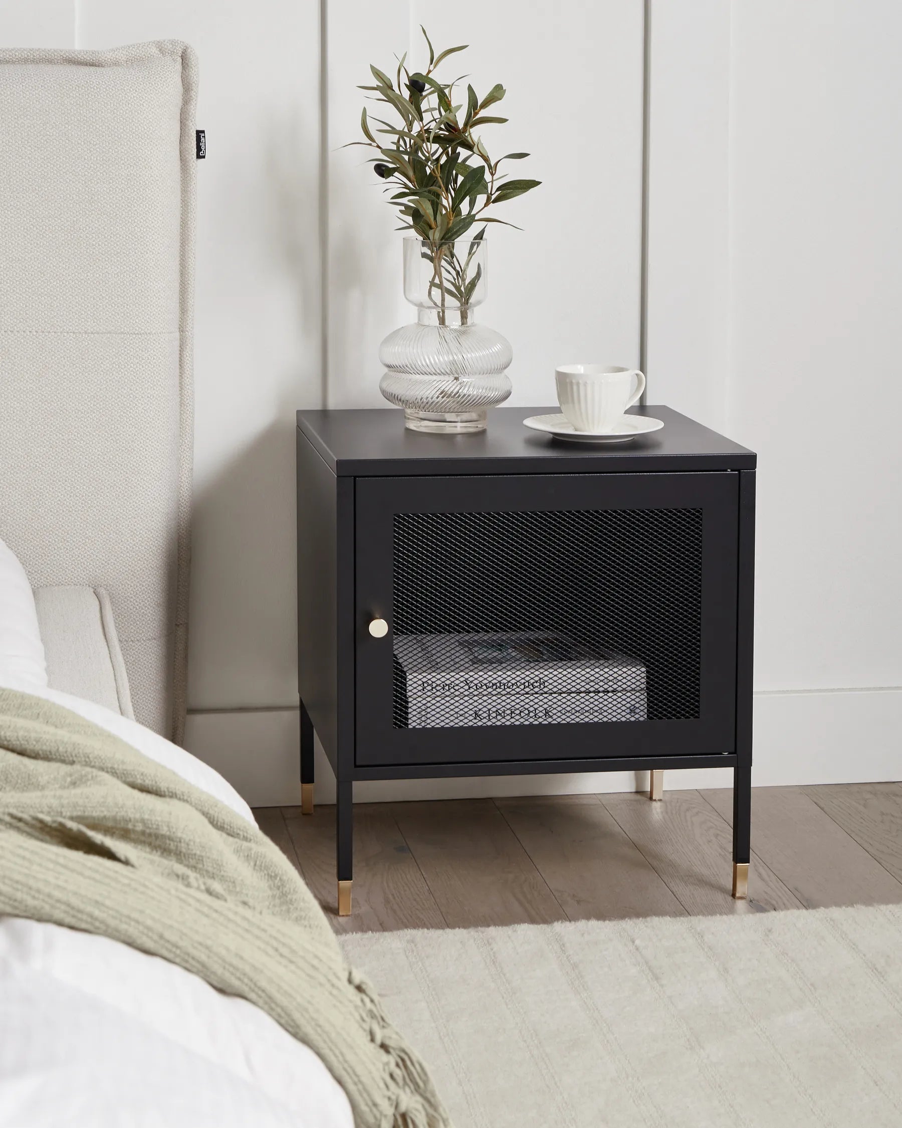 Bedside Table OSSETT Metal Black – Steel Nightstand with Metal Mesh Door, Modern Design