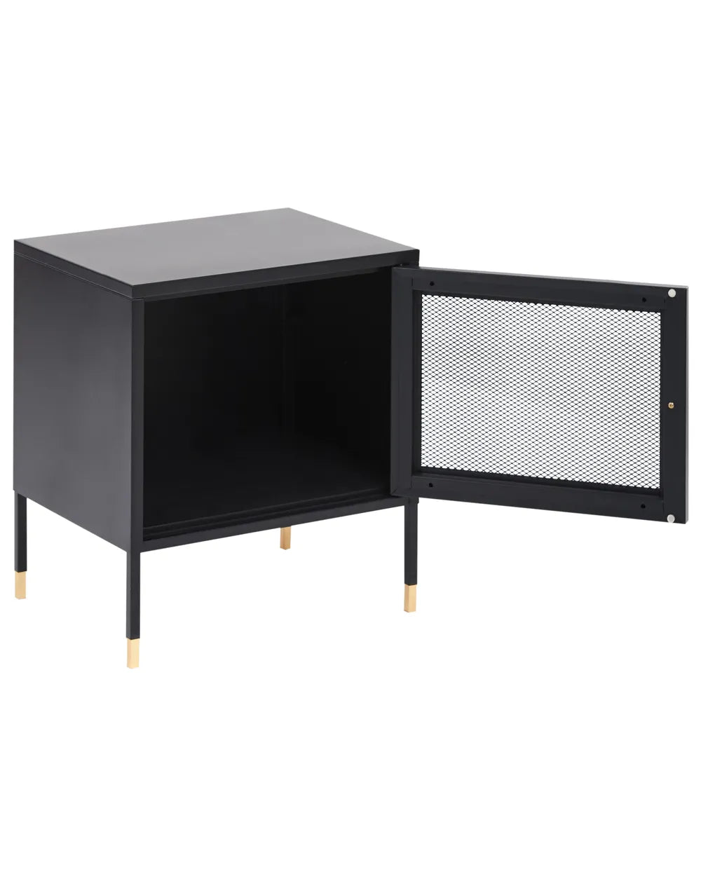 Bedside Table OSSETT Metal Black – Steel Nightstand with Metal Mesh Door, Modern Design